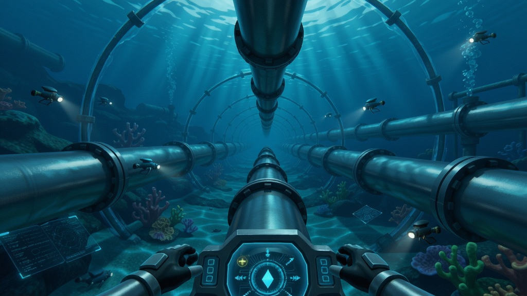 海底水渠游戏画面,深海管道建设场景,未来科技风格,玩家视角,蔚蓝海水,管道延伸至远方,光影效果逼真