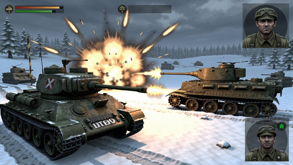 ��ս̹��T-34�Ի�ʽ��Ϸ���棬�յ�̹����ѩ��ս�����䣬�ڵ���ը������