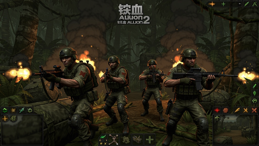 铁血联盟2野火游戏中雇佣兵小队在丛林中进行战术部署的场面,画面风格写实,充满紧张氛围