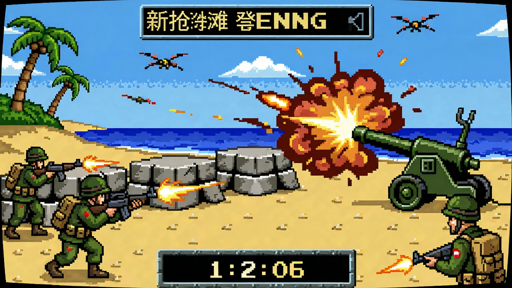 新抢滩登陆游戏画面,海滩防御,士兵射击,炮火连天,复古游戏风格
