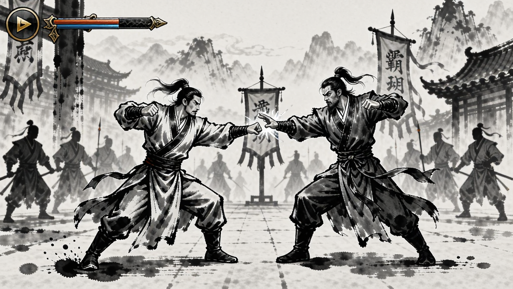 霸王阴功游戏场景,古典武侠风格,角色对决,水墨画风,氛围浓厚