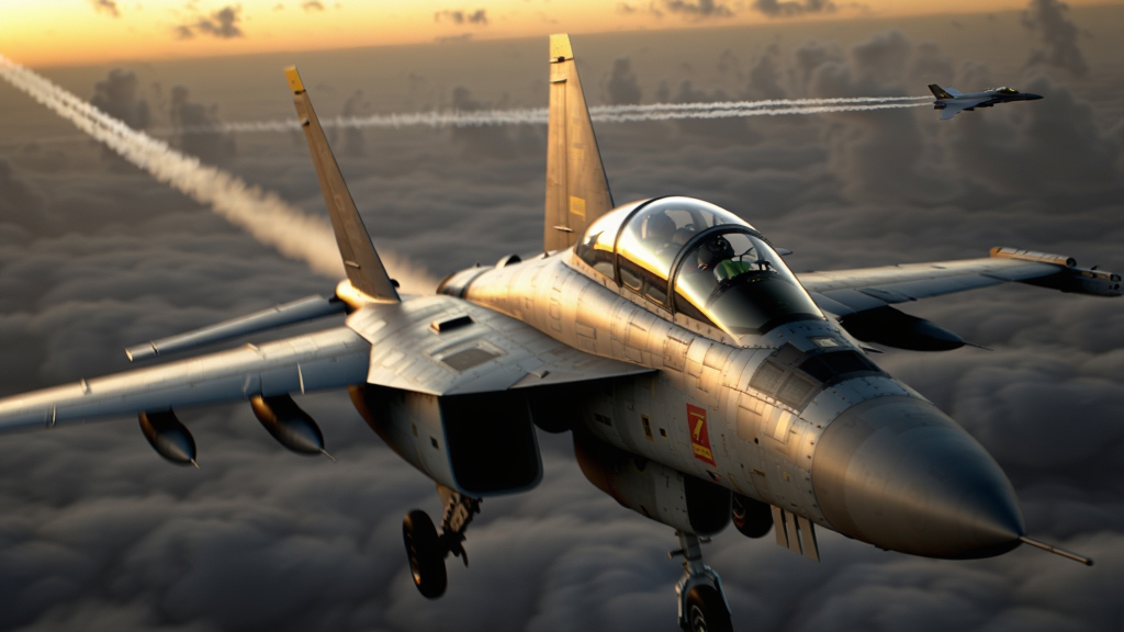 һ��F-14ս����Ϧ���°������Ʋ�֮�ϣ����ոǷ����Ž�ɫ��â��Զ���ел�β������������ٶȸ���ս����Χ