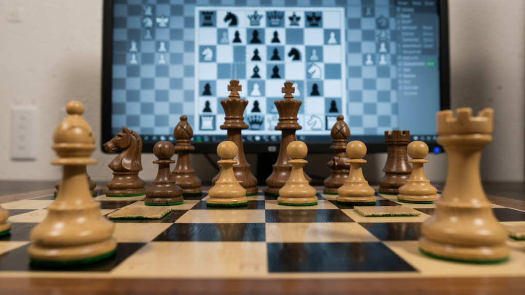 国际象棋棋盘特写,棋子立体质感,背景为电脑屏幕显示棋谱界面,氛围专业