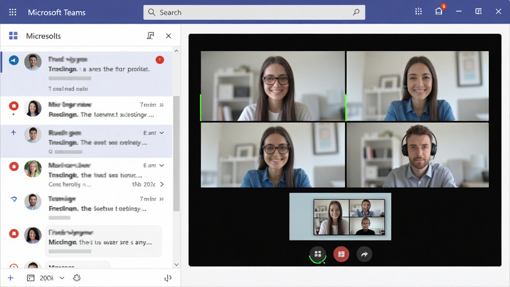 ���壺Microsoft Teams �����������Ƶ���鴰�ڣ����֣���������б����Ҳ���Ƶ���棻�Ű棺�����Ĺ��ܷ���������Ϊ����������񣺱�ƽ����ƣ���ɫ���ɫ���䣻ϸ�ڣ���ʾδ����Ϣ��㡢���������ͷ�񡢹�����Ļ���ݣ����ʣ����壬�ɾ����޶���Ԫ��