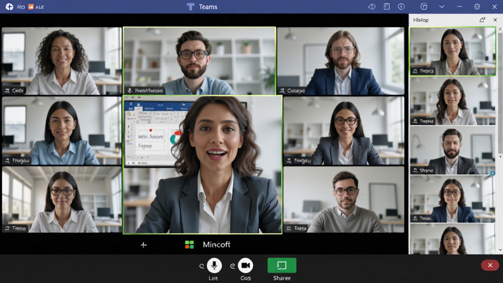 ���壺Microsoft Teams ���߻��鳡����������Ƶ���ӣ����֣�����Ϊ�ݽ��߻��棬�Ҳ�Ϊ�������б����Ű棺�ײ�Ϊ��������������˷硢����ͷ��������ť�����дʵ��������칫������ϸ�ڣ��������רע����Ļ��ʾ������PPT�����ʣ�4K���壬�ɾ����޶���Ԫ��