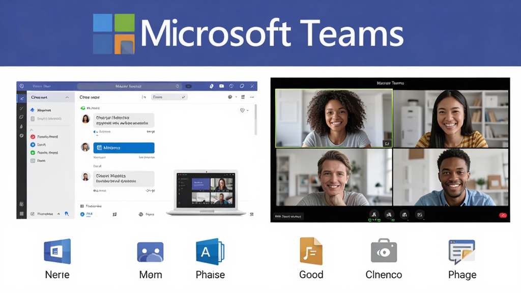 ���壺Microsoft Teams Ʒ�Ʊ�־����豸Э�����������֣����Ϊ���������ͼ���Ҳ�Ϊ�Ŷӳ�Ա��Ƶ���黭�棻�Ű棺���½ṹ���Ϸ�չʾƷ�����ƣ��·�Ϊ����ͼ�ꣻ����ִ���������ɫ������ϸ�ڣ���ʾ���졢���顢�ļ���ͼ�꣬���������Ȼ�����ʣ����壬�ɾ����޶���Ԫ��