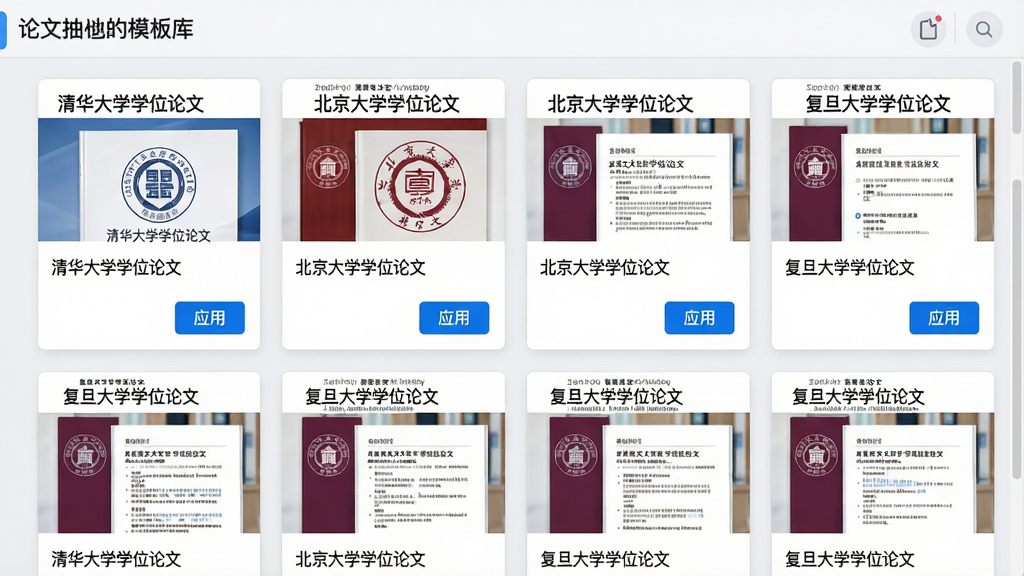 ���壺���ĳ����ģ�����棬չʾ������У��ģ���б������֣�����״���е�ģ�忨Ƭ��ÿ����Ƭ��ʾѧУ���ƺ�Ԥ������ͼ���Ű棺��Լ�Ŀ�Ƭʽ���֣�����Ϊǳ��ɫ��ϸ�ڣ���Ƭ���С��廪��ѧѧλ���ġ�����������ѧѧλ���ġ�����������ѧѧλ���ġ�����������������ɫ��Ӧ�á���ť�����ʣ��߷ֱ��ʣ��ɾ����ࡣ