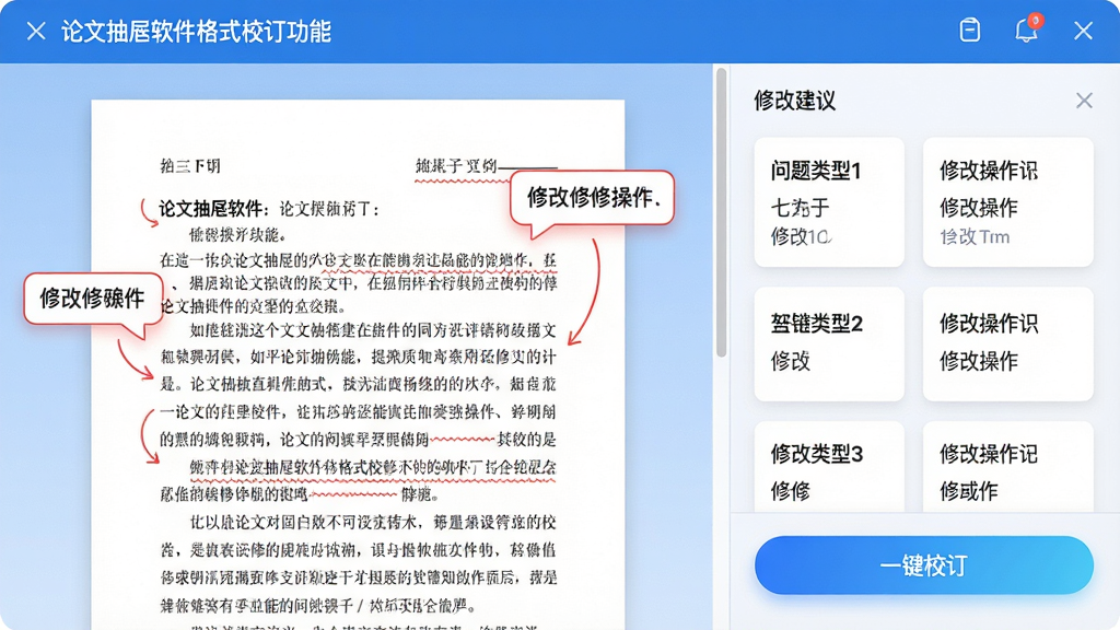 ���壺���ĳ��������ĸ�ʽУ�����ܽ��棬��ʾһƪ�����ĵ��Ľ�ͼ����Χ�к�ɫ���޸ı�Ǻ���ʾ���ݡ����֣�������������ģ��Ҳ����޸Ľ����б����ײ��С�һ��У������ť���Ű棺����ָ��������޸Ľ����Կ�Ƭ��ʽ���У�ÿ�ſ�Ƭ�����������ͺ��޸Ĳ����������ˬ��������ɫ������UI��ƣ�רҵ��ǿ��ϸ�ڣ���ɫ�����߱������λ�ã���������ʾ�����޸�˵������ť�н���Ч�������ʣ����壬�ɾ����޶���Ԫ�ء�
