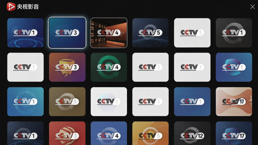 ͼƬ����Ϊ����Ӱ��������ֱ��Ƶ��ѡ����棬ƽ��չʾCCTV1��CCTV17�ȶ��Ƶ��ͼ�꣬���������ɫ���⣬ѡ��Ƶ���и����߿򡣲���Ϊ����״������ִ���࣬ϸ�ڴ���ע������Ӱ����LOGO�����廭��ɾ��������������޶���Ԫ��