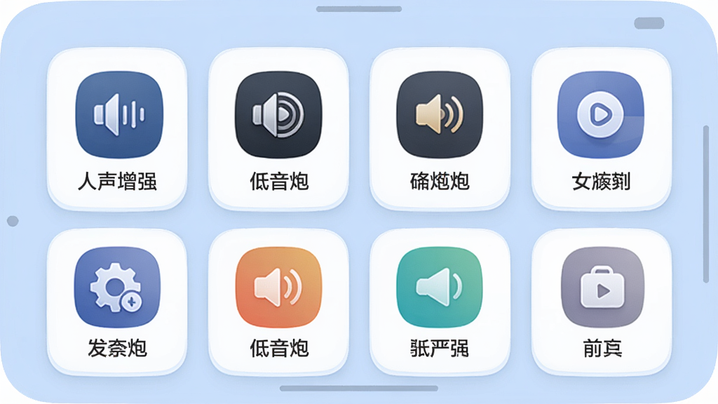 �����ֻ��ƶ�App����Ч���ý��棬��Ļ����ʾ������Чģʽͼ�꣬�硰������ǿ�����������ڡ��ȣ�ÿ��ͼ���·�������˵�����������Բ�ǿ�Ƭ��ƣ�����Ϊ����ɫ�����ʸɾ����޶���Ԫ��