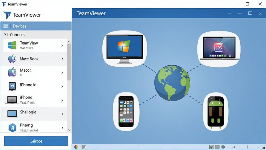TeamViewer���������ͼ���Ŀ���ͼƬ�������ʾ�豸�б������Ӱ�ť���Ҳ�ΪԶ������Ԥ�����棬������ͬʱչʾWindows���ԡ�MacBook��iPhone��Android�ֻ���̨�豸ͼ�꣬���������������ĵĵ��򣬴�����ƽ̨�����������ƽ����ƣ�������ɫ��������ע