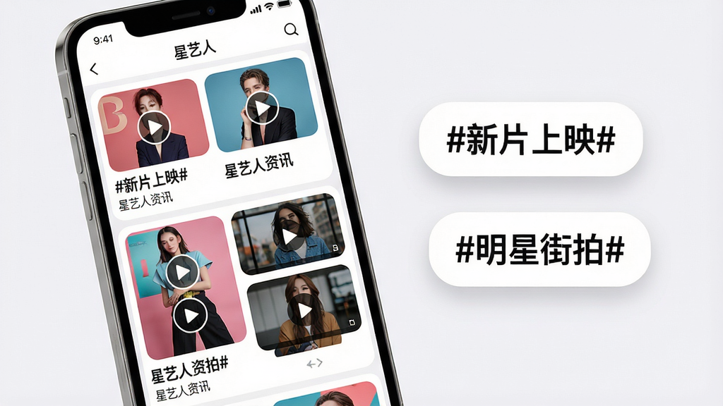 ���壺�ֻ���Ļչʾ�������ˡ�APP����Ѷ��Ϣ��ҳ�棬��Ļ�л�����ͼ�Ŀ�Ƭ����Ƶ����ͼ�����֣��ֻ�λ�ڻ�����࣬�Ҳ������ż����Ƽ������ǩ���硰#��Ƭ��ӳ#������#���ǽ���#�����Ű棺��Ϣ�����õ��п�Ƭʽ���֣�ÿ�ſ�Ƭ��������ͼ���������Դ�����ʱ����־���ɫ�����ޣ�ͼƬԲ�Ǵ�����ϸ�ڣ���Ƭ�ϸ����Ų��Ű�ťͼ�꣬�������ּӴ֣���Դ��ʾΪ����������Ѷ�������ʣ��߽����ȣ���Ӱ��ͣ��ɾ����޶���Ԫ�ء�