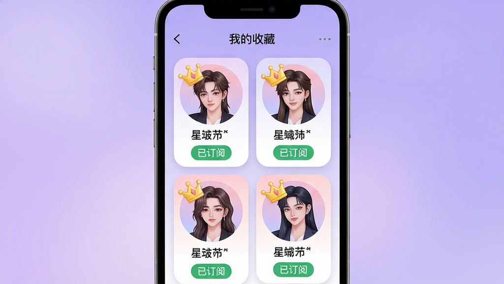 ���壺�ֻ���Ļչʾ�������ˡ�APP���ղ�ҳ�棬��Ļ���Կ�Ƭ��ʽչʾ������ղص����ˡ����֣��ֻ���Ļռ�ݻ������룬����Ϊ��͵Ľ�����ɫ���Ű棺�ղ��б�����˫���ٲ������֣�ÿ�ſ�Ƭ��ʾ����ͷ�����ֺ͡��Ѷ��ġ���ǩ����񣺿ɰ����÷�񣬿�ƬԲ�Ǵ�ɫ����͡�ϸ�ڣ�ͷ����н�ɫ�ʹڱ�ʶ�����ı�ǩΪ��ɫ����Ļ�����С��ҵ��ղء����⡣���ʣ�4K���壬��Ⱦϸ�壬�ɾ����޶���Ԫ�ء�