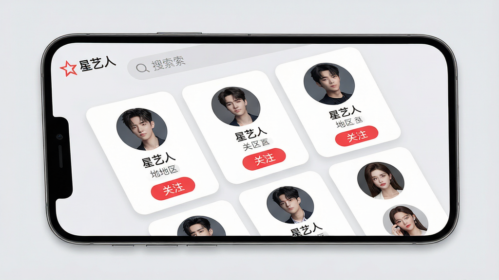 ���壺�ֻ���������չʾ�������ˡ�APP�������б�ҳ����Ļ���������ڶ����ǵ�Բ��ͷ������֡����֣��ֻ���Ļռ�ݻ�����Ҫ������Ļ�Ϸ����������·�������״��ͷ���б����Ű棺�����ٲ���ʽ��Ƭ���֣�ÿ����Ƭ����ͷ�����ֺ͵�����ǩ��������¼�Լ��񣬱���Ϊǳ��ɫ����ƬΪ��ɫԲ�Ǿ��Ρ�ϸ�ڣ�ͷ�������������·��к�ɫ����ע����ť����Ļ���Ͻ��С������ˡ�LOGO�����ʣ�������Ⱦ��ɫ����Ȼ���ɾ����޶���Ԫ�ء�