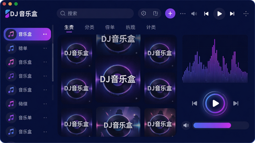 ���壺һ����Ϊ��DJ���ֺС������ֲ����������棬��������չʾ����DJ��������ǽ���Ϸ����������ͷ����ǩ�����֣�����˴�����ʽ�����Ϊ�赥�б����Ҳ�Ϊ���ſ������Ͷ�̬Ƶ�ס��Ű棺�ִ���ƽ����ƣ�ɫ�����������޺���Ϊ������ťԲ�󡣷�񣺿Ƽ��С������У�ͻ�������ɶ���ϸ�ڣ�����ͼ�ϴ��С�DJ���ֺС����������Ű�ť�й���Ч�����������ʽ��䡣���ʣ����壬�ɾ����޶���Ԫ�ء�