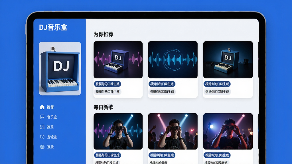 ���壺��DJ���ֺС��ĸ��Ի��Ƽ�ҳ�棬չʾ��Ϊ���Ƽ����͡�ÿ���¸衱������顣���֣�ƽ��������棬���Ϊ��������Ҳ�Ϊ�Ƽ���Ƭ�����Ű棺��Ƭʽ���֣�����ͼ���Ƽ����ɱ�ǩ����񣺼�Լ�ִ�����ɫ������Ϊ����ϸ�ڣ�ҳ�����Ͻ��С�DJ���ֺС��������Ƽ���Ƭ���С�������Ŀ�ζ���ɡ����֡����ʣ����壬�ɾ����޶���Ԫ�ء�
