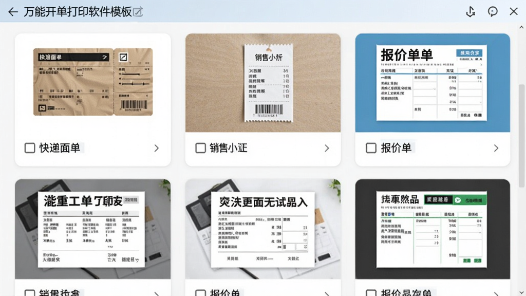 ���ܿ�����ӡ����ģ��ѡ����棬��ʾ���ײ�ͬ��ҵ�ĵ���ģ������ͼ����������浥������СƱ�����۵��ȣ�����������񲼾֣�ÿ��ģ�忨Ƭ����չʾ��ʽ��������£����ʸɾ����޶���Ԫ�ء�