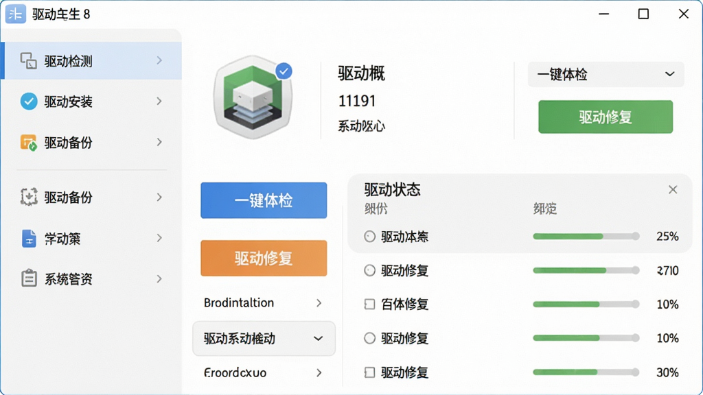 一张展示驱动人生8主界面的高清截图,主体是软件在电脑屏幕上的运行效果,布局清晰,左侧功能列表包括驱动检测、驱动安装、驱动备份等,右侧是系统硬件概览和驱动状态列表,排版整齐,风格现代简洁,细节上突出“一键体检”和“驱动修复”按钮,画质清晰,干净无多余元素