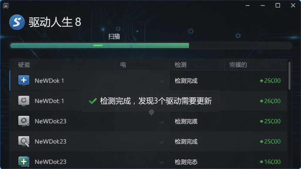 一张驱动人生8进行驱动检测的界面图,主体是扫描进度条和检测结果列表,布局以列表形式展示各个硬件状态,排版清晰,风格科技感强,细节处显示“检测完成,发现3个驱动需要更新”的提示文字,画质清晰,干净无多余元素