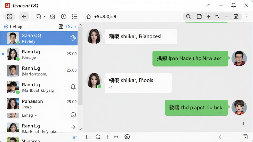 ���壺��ѶQQ�����ͼ��չʾ���촰�ںͺ����б������֣����й�ͼ�����Ϊ�����б����Ҳ�Ϊ�Ի����Ű棺�����ֲ㣬����ִ���ԼUI��Ʒ��ϸ�ڣ��Ի����ݡ�ͷ�񡢹���ͼ�������ɼ������ʣ�������Ⱦ���ɾ����޶���Ԫ��