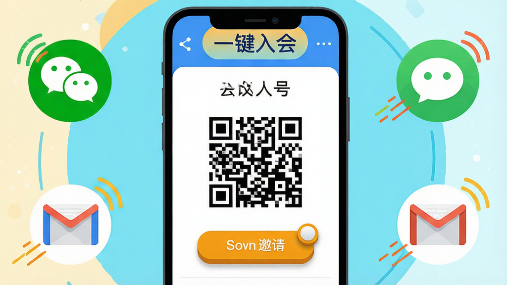 主体:腾讯会议一键入会操作界面,手机屏幕上显示会议邀请页面,包含会议号、二维码和邀请按钮。布局:手机屏幕占据画面中心,周边环绕微信、短信、邮件等分享图标。排版:图标呈圆形排列,色彩鲜艳,文字标签“一键入会”在屏幕上方。风格:扁平化插画风,清新活泼。细节:二维码清晰可扫,按钮有立体按压效果,分享图标带有动感线条。画质:高清,色彩明快,干净无多余元素。
