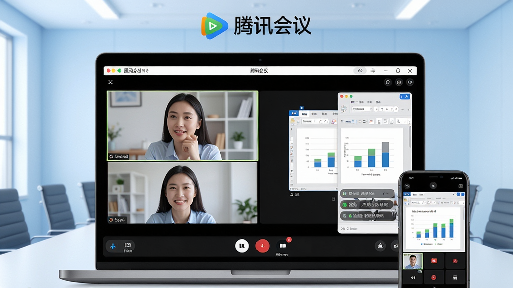 主体:腾讯会议软件主界面,一台笔记本电脑和一部手机并排显示,屏幕上呈现多人视频会议画面,画面中有清晰的发言人、共享的文档和聊天弹窗。布局:电脑屏幕居中,手机置于右下角,背景为干净的浅蓝色渐变会议室场景。排版:构图平衡,产品界面细节完整,文字标签“腾讯会议”置于画面顶部中央。风格:现代商务简洁风,明亮通透。细节:界面图标清晰,参会人物表情自然,视频画面高清,共享屏幕内容为图表。画质:8k超高清,光线柔和,干净无多余元素。