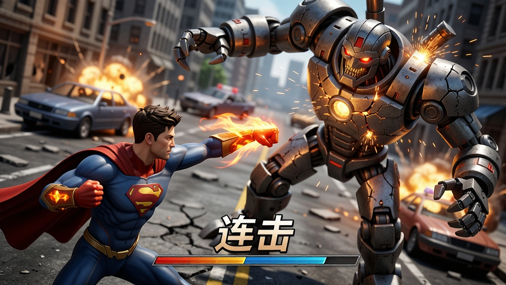 һ�Ŷ�̬��ս������ͼ�������ǡ�Superhero: Battle for Justice���е�����Ӣ��������һ���޴�Ļ�е�����ڳ��нֵ��ϼ�ս��Ӣ�۰ڳ���ȭ���ƣ�ȭͷ�ϴ��л�����Ч����е���ﱻ���к�����������ƺͻ𻨡����ֲ���б�Խǹ�ͼ��Ӣ�������½ǣ����������Ͻǣ��Ӿ������ǿ������������Ľֵ��ͱ�ը�ĳ������Ű��ϣ���������ƫ���С���������������ϷUI��Ч�����Ϊдʵ3D��Ⱦ��������ʮ�㣬��Ӱ����Ч���ḻ�����ʸ��壬�ɾ��޶���Ԫ�ء�