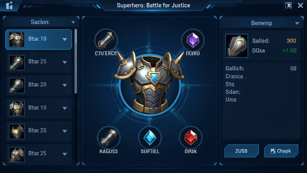 һ����Ϸ�ڱ�����װ������Ľ�ͼ�������ǡ�Superhero: Battle for Justice����װ��ǿ����壬����չʾһ����˵�����ף�������ǿ������������Ƕ�Ȱ�ťͼ�ꡣ����Ϊ��������ҽṹ�������װ���б����Ҳ��������������������������ɫ�ĿƼ����棬���з����������Ű����࣬�������������Ϊ��ϷUIʵ����ͼ����ƽ����ƽ�ϿƼ���Ԫ�أ������������ɾ��޶���Ԫ�ء�