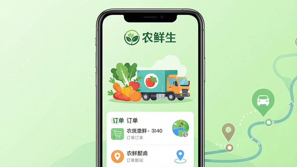 画面中央展示“农鲜生”APP界面,上方是品牌Logo与名称“农鲜生”,主视觉为新鲜蔬果与冷链物流车融合的插画,背景淡绿色渐变,布局干净清爽,扁平化风格,细节包含订单列表与配送轨迹图标,整体画质清晰,色调明快,无多余元素