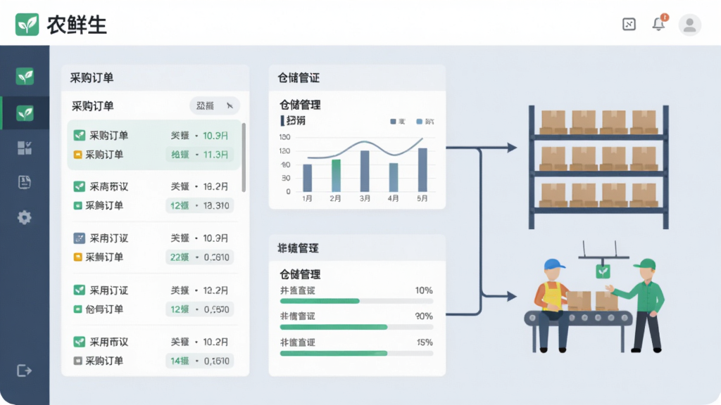 展示“农鲜生”供应链管理界面,左侧是采购订单列表,右侧为仓储货架与分拣人员图标,中间用线条连接形成流程,背景浅灰蓝色,商务扁平风格,细节包含数据图表与进度条,画质干净,无多余元素
