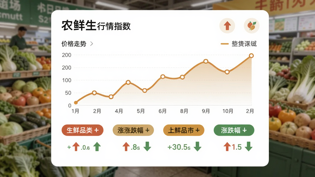 展示“农鲜生”行情指数页面,折线图显示价格走势,下方列出生鲜品类涨跌幅标签,背景白色卡片式设计,暖色调点缀,扁平化图标,细节包含红色上涨与绿色下跌箭头,画质清晰,无多余元素