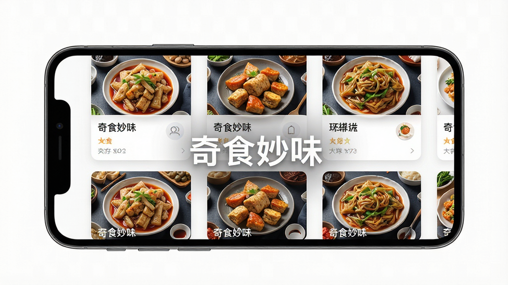 奇食妙味APP主界面展示,主体为手机屏幕中显示的美食列表与推荐卡片,布局采用上下滑动的信息流形式,排版整齐,卡片包含菜品图片与名称,风格清新明亮,细节体现高分辨率画质,屏幕中央显示“奇食妙味”品牌字样,画质干净,无多余元素