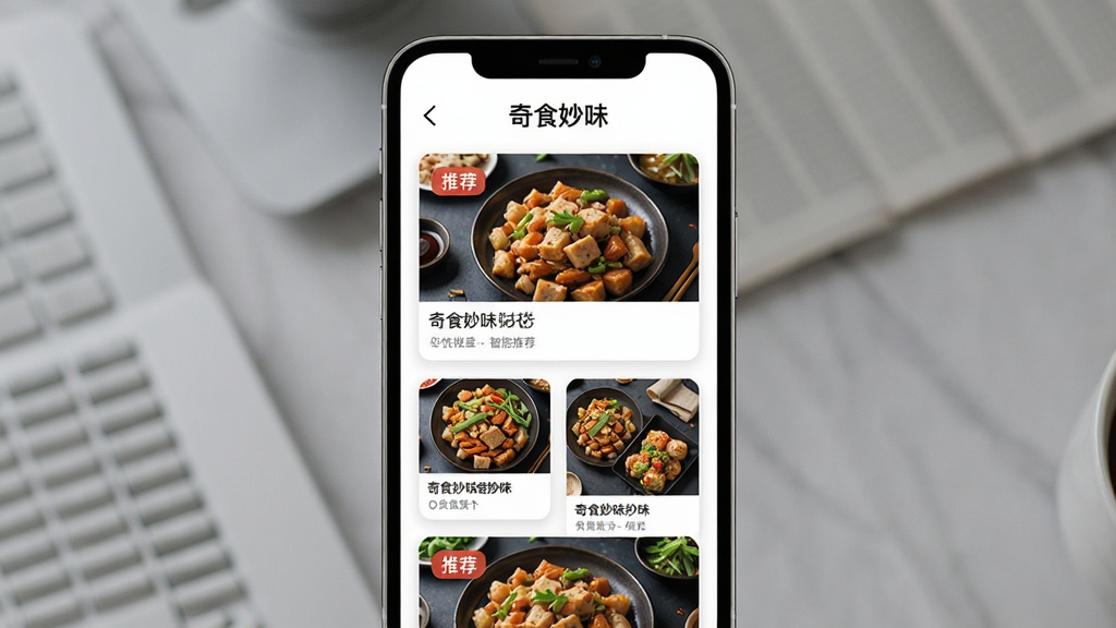 奇食妙味智能推荐界面,主体为手机屏幕展示个性化美食卡片,布局采用瀑布流形式,排版错落有致,风格现代简约,卡片上标注“推荐”标签及菜品实拍图,细节丰富,画质清晰,屏幕上方显示“奇食妙味”字样,画质干净,无多余元素