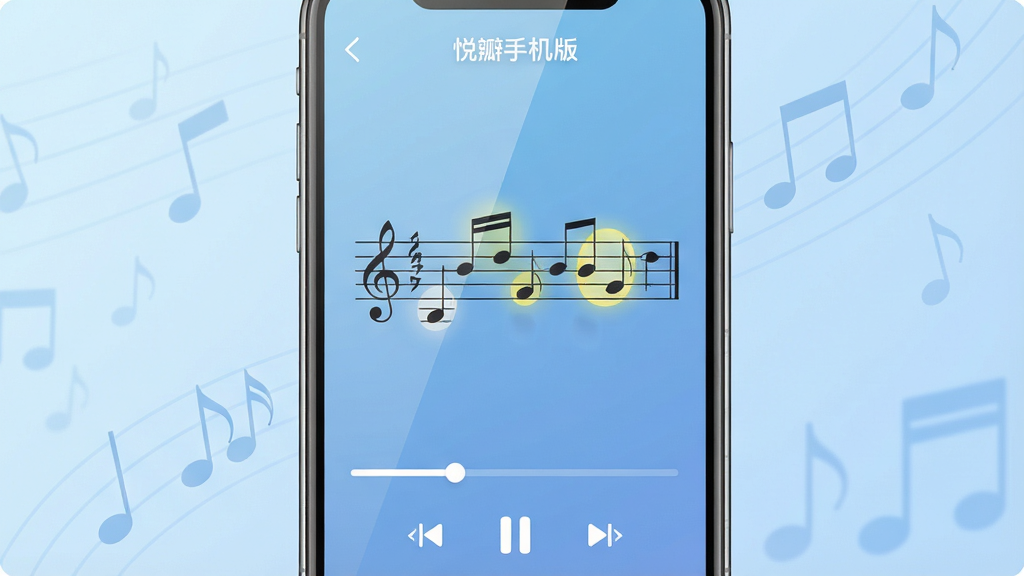 主体为一部智能手机屏幕特写,屏幕内显示名为“悦瓣手机版”的App界面,界面中有一张清晰的五线谱,音符高亮显示,界面下方有进度条和控制按钮。布局为手机居中,背景为柔和的浅蓝色渐变,带有细微的音乐符号漂浮。排版简洁,突出屏幕内容。风格为现代扁平化UI设计,细节上屏幕有轻微反光,画质清晰干净,无多余元素。