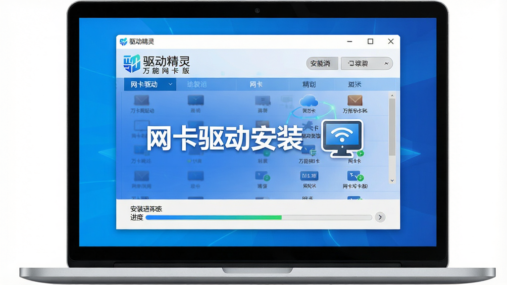 主体:一台笔记本电脑屏幕显示驱动精灵万能网卡版安装界面,界面简洁清晰,突出“网卡驱动安装”字样,旁边有网络连接图标;布局:电脑居中,界面细节完整,两侧留白;排版:电脑屏幕内容为软件主界面,下方有安装进度条;风格:现代科技感,蓝色调,明亮清晰;细节:屏幕中显示“驱动精灵 万能网卡版”Logo,网卡驱动列表;画质:高清,干净,无多余元素