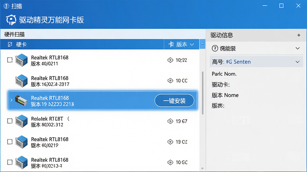 主体:驱动精灵万能网卡版主界面,显示扫描到的硬件列表,网卡型号高亮显示,旁边有“一键安装”按钮;布局:界面分为左右两栏,左侧硬件列表,右侧驱动信息;排版:清晰有序,重点突出网卡驱动;风格:科技蓝,简洁大方;细节:网卡型号如“Realtek RTL8168”,驱动版本号;画质:高清,干净,无多余元素