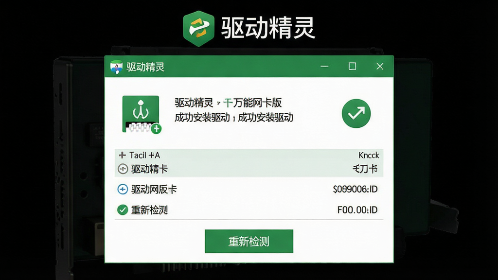 主体:一张网卡驱动安装完成后的截图,显示“驱动精灵 万能网卡版”检测到网卡并成功安装驱动,网络连接图标变为正常;布局:截图居中,上方有“驱动精灵”Logo,下方有“重新检测”按钮;排版:简洁明了,驱动列表清晰;风格:绿色系,表示成功;细节:网络连接正常图标,驱动版本信息;画质:高清,干净,无多余元素
