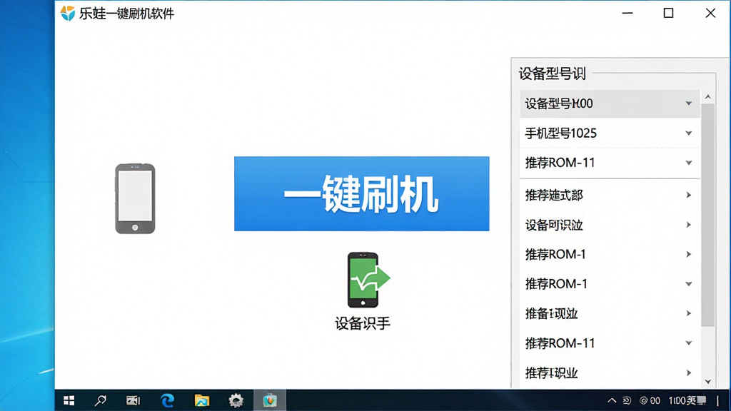 一张展示乐蛙一键刷机软件主界面的高清截图,主体为电脑屏幕中打开的软件窗口,布局清晰显示“一键刷机”大按钮和手机连接状态图标,排版居中,风格简洁明亮,细节包含设备型号识别和推荐ROM列表,画质清晰干净,无多余元素