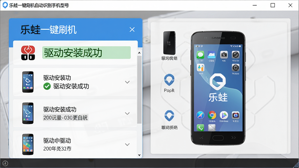 一张展示乐蛙一键刷机自动识别手机型号并安装驱动的界面,主体为软件界面中的设备信息卡片,布局在窗口左侧,排版为列表样式,风格写实,细节包含手机品牌LOGO和“驱动安装成功”绿色提示,画质清晰干净,无多余元素