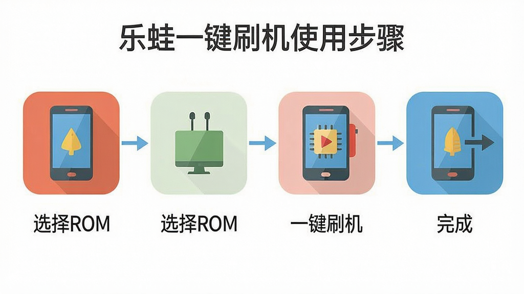 一张展示乐蛙一键刷机使用步骤的流程示意图,主体为四个步骤图标(连接手机、选择ROM、一键刷机、完成),布局横向排列,风格扁平化,细节每个图标下方有简短文字标注,画质清晰干净,无多余元素
