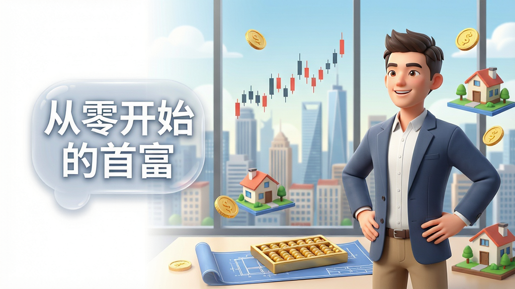 画面中央一位身着休闲西装、面带自信微笑的年轻创业者站在现代都市摩天大楼的落地窗前,双手叉腰眺望远方繁华的金融中心,桌面上摊开商业蓝图与金色算盘,周围漂浮着金币、股票K线图、房地产模型等元素,整体构图采用黄金分割,人物位于右侧三分之一处,左侧留白加入半透明气泡文字“从零开始的首富”,风格为写实3D渲染结合轻快明亮的商业插画质感,细节丰富,光影柔和,画面干净无多余杂物,画质达到4K高清