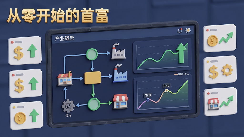 主体为游戏内商业模拟面板特写,展示产业链流程图与动态折线图,左上角金色标题“从零开始的首富”,布局以居中大屏为主,四周围绕小型数据卡片,风格为扁平化UI结合微立体质感,细节包含货币符号、上升箭头、工厂与商店图标,画质干净清晰,无多余元素
