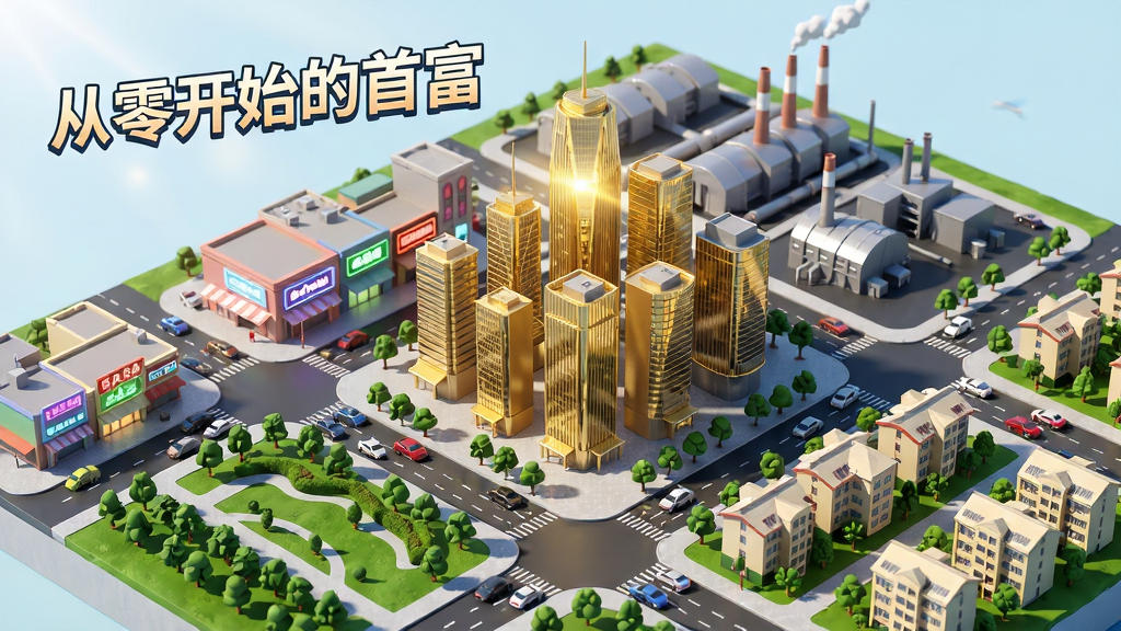 俯瞰视角的现代化城市沙盘,中央是金光闪闪的摩天大楼群,周围分布商业区、工业区与住宅区,道路上车流如织,画面采用45度俯视构图,风格为写实3D渲染,左上角悬浮“从零开始的首富”艺术字,细节包括霓虹灯、绿化带与行驶中的小汽车,整体明亮通透,画质细腻干净