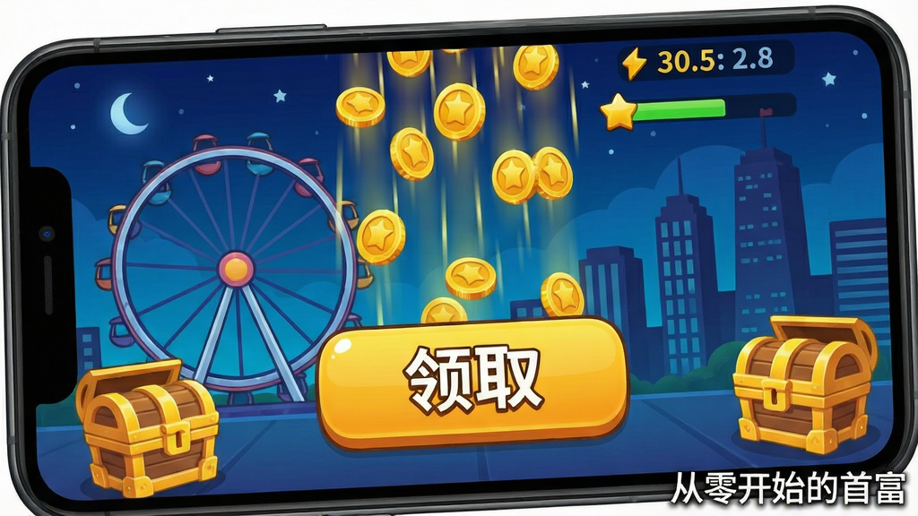 手机屏幕特写显示游戏内离线收益结算界面,金币雨从屏幕上方洒落,中央有巨大的“领取”按钮,背景是夜幕下的摩天轮与写字楼剪影,整体布局简洁明快,风格为明亮卡通UI,右下角水印“从零开始的首富”,细节包括金色宝箱、经验条与数字跳动特效,画质干净无杂乱