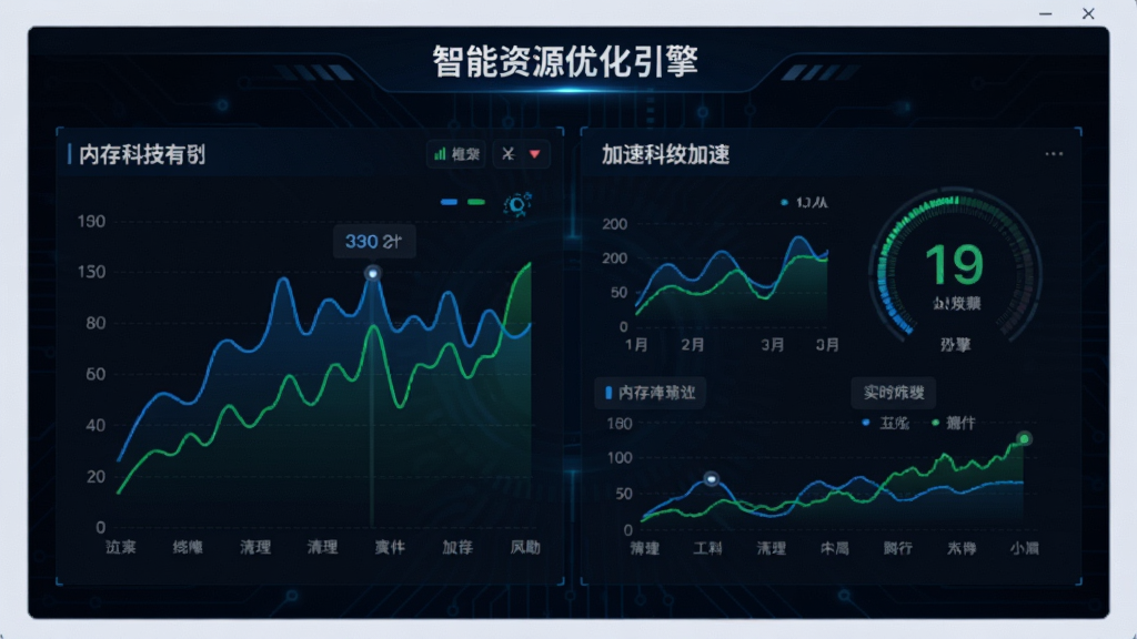 楹栾科技“智能资源优化引擎”功能界面,展示内存清理与加速的实时数据图表,背景为深色科技风格,数据可视化图形,蓝色与绿色线条交织,体现高性能与专业性,画面干净,细节丰富