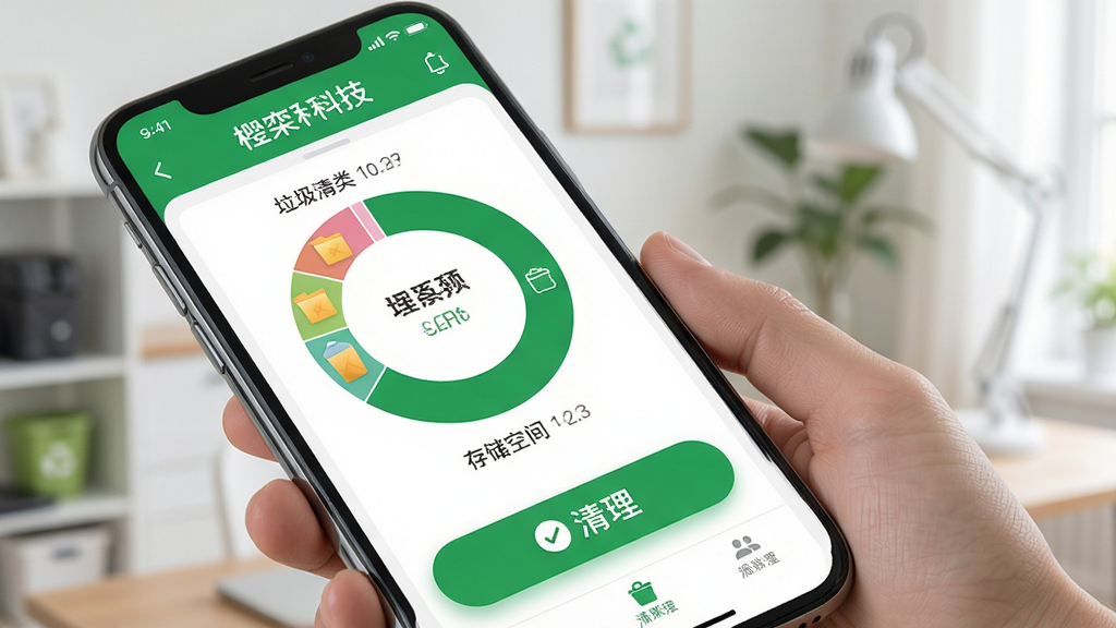 楹栾科技垃圾清理与存储管理界面,手机存储空间以环形图展示,各类文件分类清晰,清理按钮醒目,界面风格清新明亮,绿白配色,给人以干净整洁的印象,画质高清,无多余元素