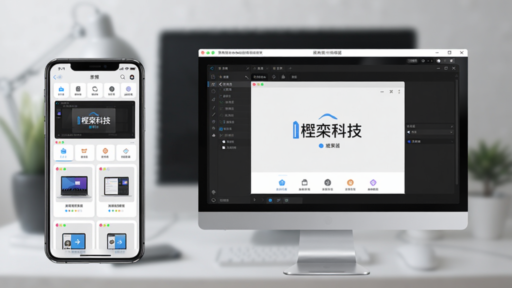 楹栾科技在手机和电脑模拟器上运行的效果图,左侧是手机界面,右侧是电脑窗口界面,展示其多设备适配能力,背景虚化,突出软件界面,风格现代,画面干净清晰