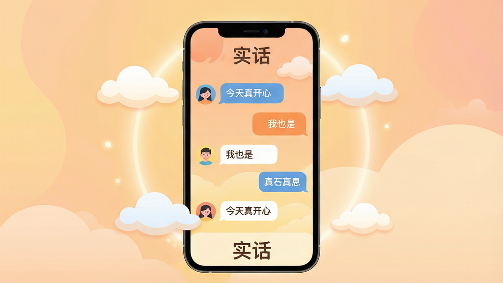 ���壺һ����Ϊ��ʵ�������罻APP���棬չʾ�������ֻ���Ļ�ϣ���Ļ�����жԻ�����û�ͷ�񣬱�������͵Ľ���ɫ�����֣��ֻ����У�����Ԫ�������ɼ�����Χ����͵Ĺ��κ�Ư�����ƶ�ͼ�����Ű棺������ʾ��ʵ����LOGO�ͼ�����̵���ʵ�Ի����ݣ�������������񣺱�ƽ����ƣ�ɫ����ů����������һ��廭�С�ϸ�ڣ��Ի��������С������濪�ġ�������Ҳ�ǡ����������ֻ��·��С�ʵ�������֡����ʣ����壬�ɾ����޶���Ԫ�ء�