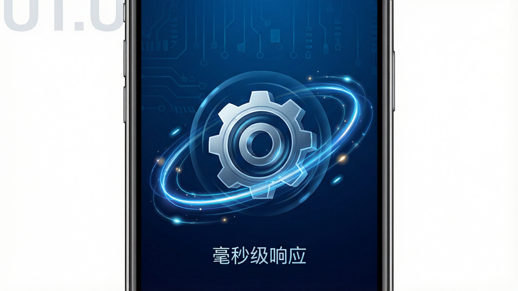 UT.urn软件功能展示图,主体为手机屏幕截图,屏幕中央显示一个高速运转的齿轮图标,周围环绕着流畅的线条与光效,暗示极速响应特性,下方有一行小字“毫秒级响应”,背景为深蓝色科技感渐变,布局简洁,风格炫酷,画质清晰,干净无多余元素