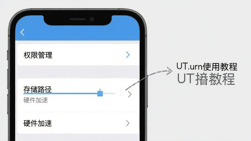 UT.urn使用教程插图,主体为手机屏幕截图,屏幕展示软件的设置界面,上方有“权限管理”选项,下方有“存储路径”、“硬件加速”等设置项,背景为浅灰色,布局清晰,风格简洁,画质干净,无多余元素
